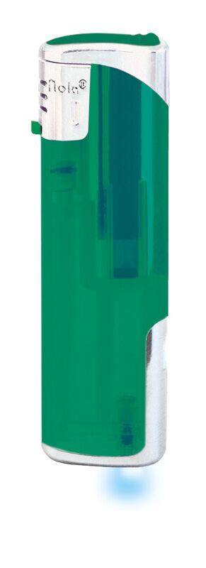 Nola 12 Elektronik Feuerzeug LED grün nachfüllbar frosty grün, Kappe und Drücker chrom mit grün