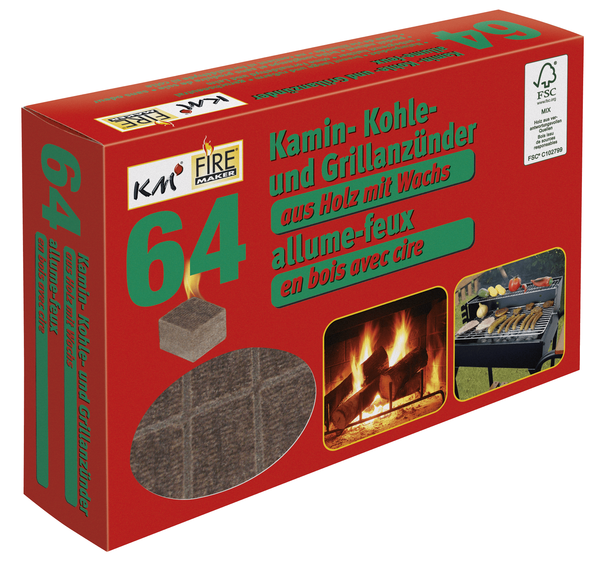 Allumeurs pour grill, charbon de bois et cheminée. 64 cubes allume-feux en bois avec cire, 2 plaques de 32