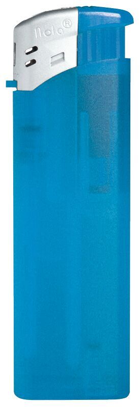 Briquet électronique Nola 9 rechargeable en bleu mat givré, avec capuchon argenté et bouton bleu