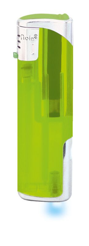 Nola 12 Elektronik Feuerzeug LED hellgrün nachf. frosty hellgrün, Kappe und Drücker chrom mit hellgrün