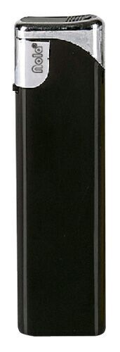 Briquet électronique Nola 2 noir, rechargeable en noir brillant, capuchon et bouton chromés avec du noir
